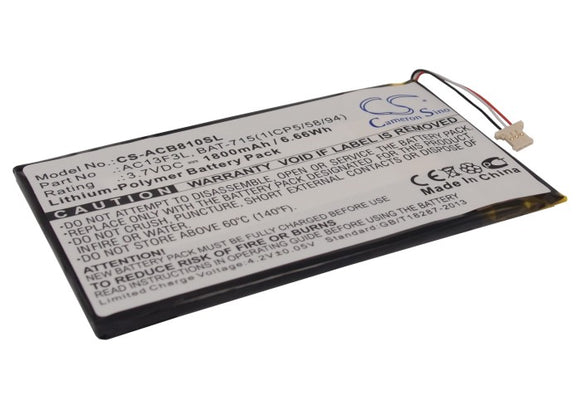 Battery for Acer B1-A71 BAT-715(1ICP5/58/94), KT.0010G.002D 3.7V Li-Polymer 1800