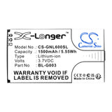 Battery for GIONEE L601 BL-G003, BL-L600, BL-L601 3.7V Li-ion 1500mAh / 5.55Wh