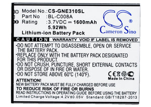 Battery for GIONEE E3T BL-C008A 3.7V Li-ion 1600mAh / 5.92Wh