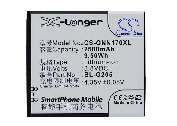 Battery for GIONEE GN170 BL-G205 3.8V Li-ion 2500mAh / 9.50Wh