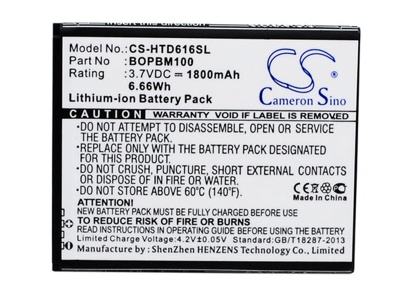 Battery for HTC D616h 701701000951, BOPBM100 3.7V Li-ion 1800mAh / 6.66Wh