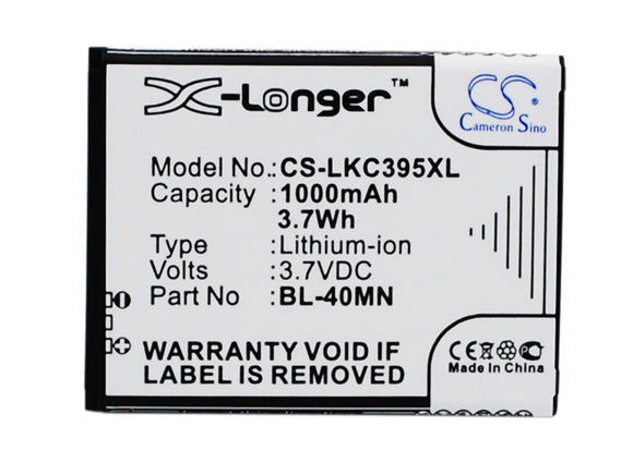 Battery for LG C395C BL-40MN, EAC61700902 3.7V Li-ion 1000mAh / 3.70Wh