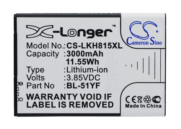 Battery for LG MS63 BL-51YF, BL-51YH, EAC62858501 3.85V Li-ion 3000mAh / 11.55Wh
