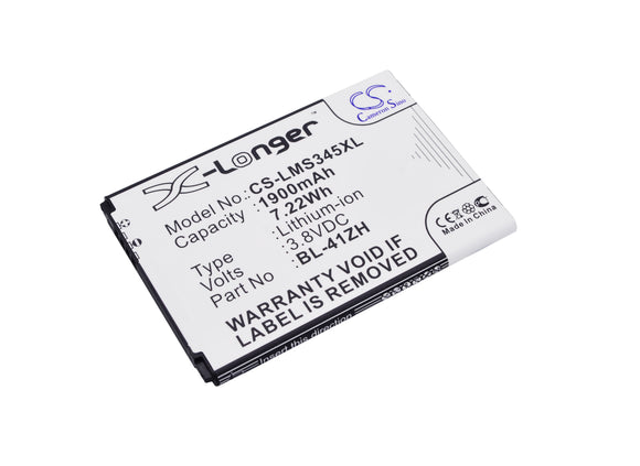 Battery for LG Tribute Duo BL-41ZH, BL-41ZHB, EAC62378407 3.8V Li-ion 1900mAh / 