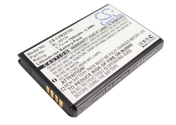 Battery for LG Cosmos 3 BL-46CN, EAC61638202 3.7V Li-ion 700mAh / 2.59Wh