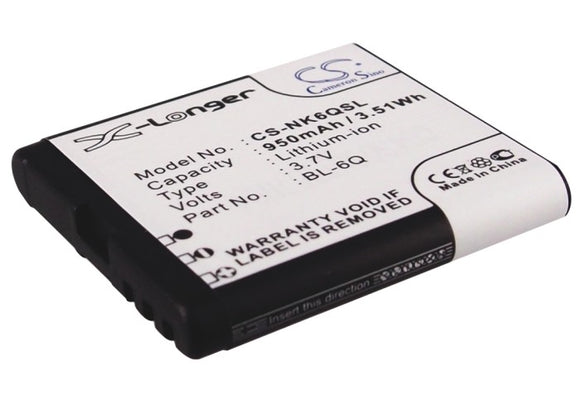 Battery for Nokia 6700 classic Illuvial BL-6Q 3.7V Li-ion 950mAh / 3.52Wh