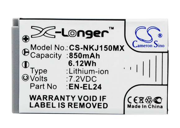 Battery for Nikon 1 J5 EN-EL24, VFB11901 7.2V Li-ion 850mAh / 6.12Wh