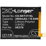 Battery for Nokia TA1141  HE378 3.8V Li-Polymer 2800mAh / 10.64Wh