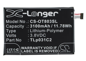 Battery for Alcatel One Touch Hero 2 TLP031C1, TLp031C2 3.8V Li-Polymer 3100mAh 
