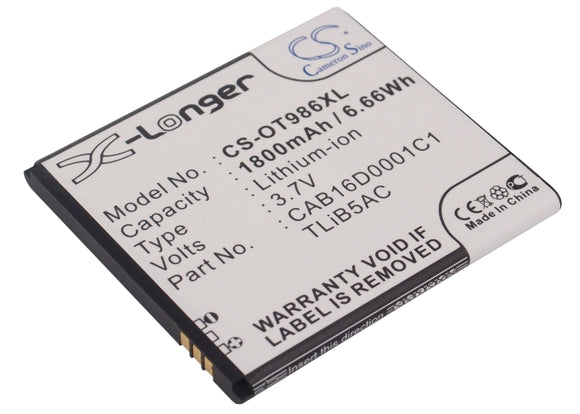 Battery for Alcatel OT-986 CAB16D0001C1, CAB16D0003C1, TLiB5AC 3.7V Li-ion 1800m