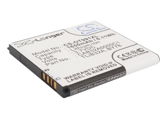 Battery for Alcatel OT-916 BY78, CAB32A0000C1, CAB32A0000C2, TLiB32A 3.7V Li-ion