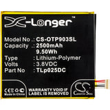 Battery for Alcatel OT-9001A TLp025D2, TLp025DC 3.8V Li-Polymer 2500mAh / 9.50Wh