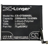 Battery for Alcatel OT-6060X  TLp025K1, TLp025KJ 3.85V Li-Polymer 2500mAh / 9.63