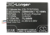 Battery for Alcatel One Touch Flash 396686P, TLiS600 3.8V Li-Polymer 3200mAh / 1