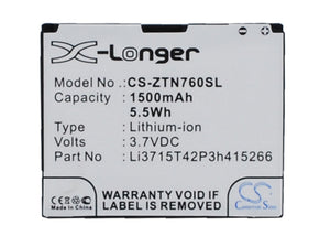 Battery for AT&T Z990 Li3715T42P3h415266 3.7V Li-ion 1500mAh / 5.55Wh